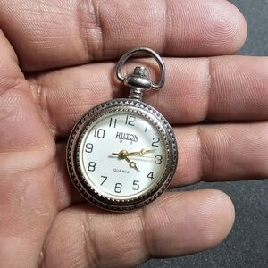 Hilton Quartz Pocket Watch Silver Tone White Dial Working Keychain Pendant shows
